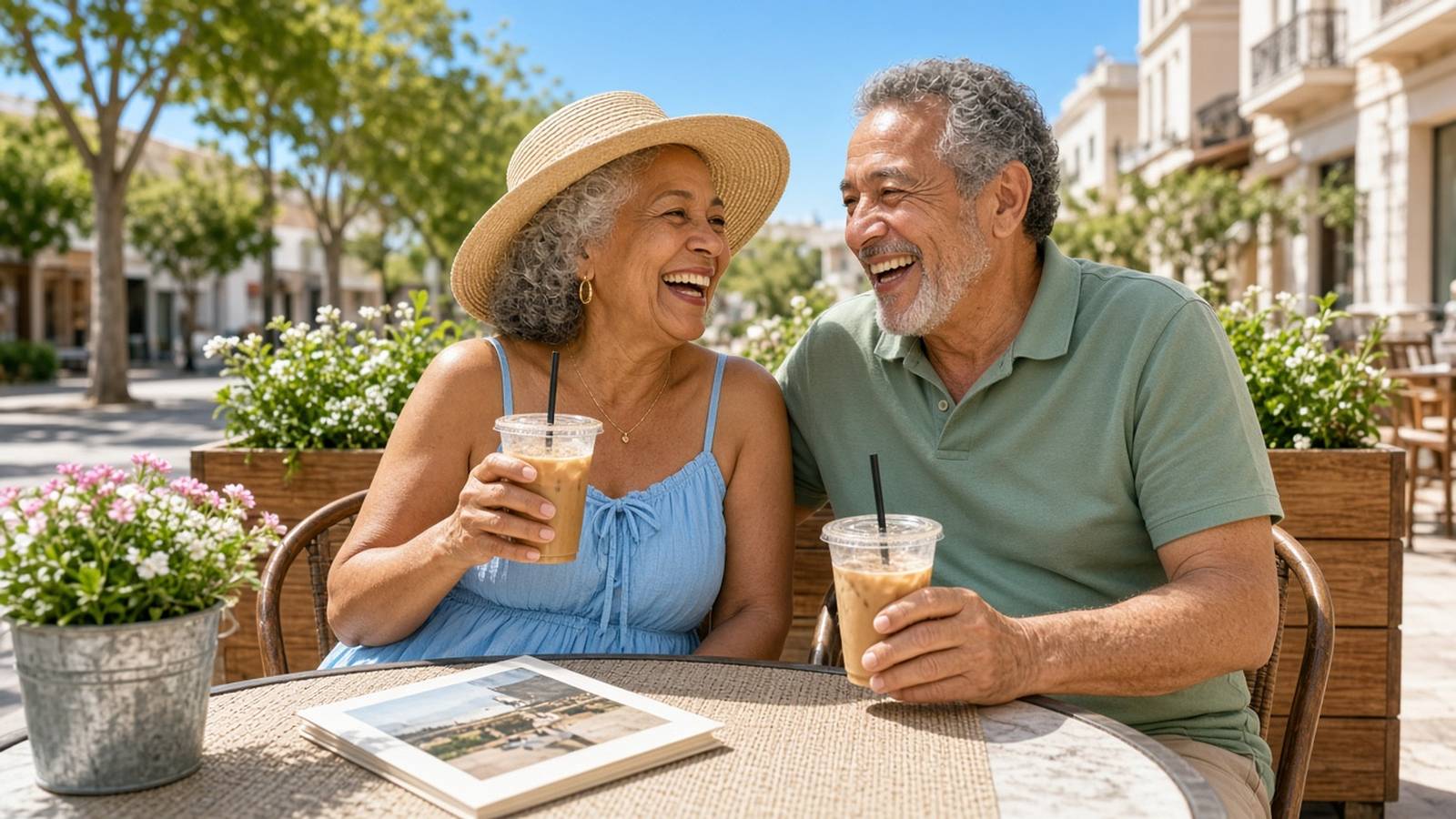 An older couple in a sky blue sundress and a sage green polo laugh over iced coffee at a sunny sidewalk cafe