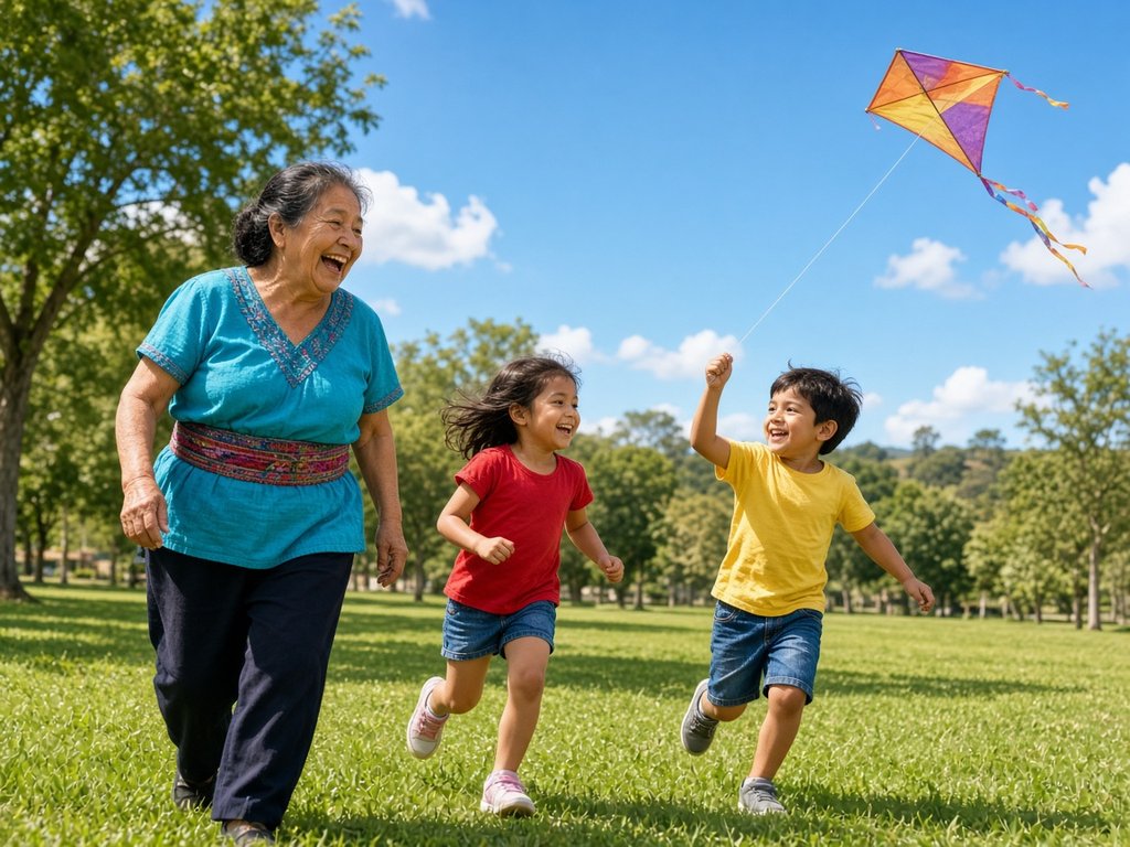 A grandmother in a turquoise blouse and woven sash laughs as two grandchildren in red and yellow shirts fly a kite in a sunny park