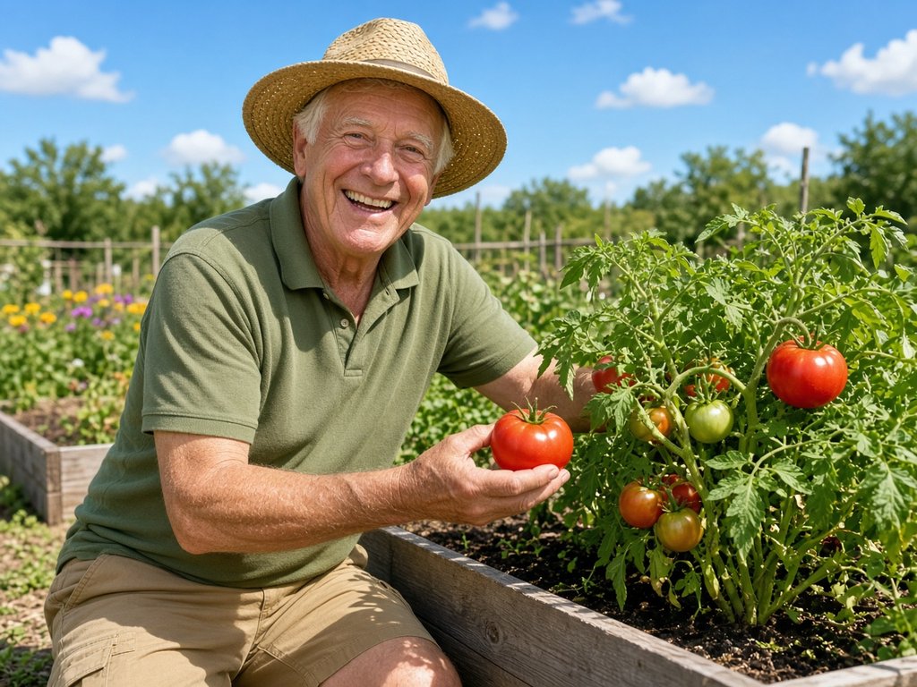 A smiling older man in a green polo and straw hat holds a ripe tomato in a sunny community garden