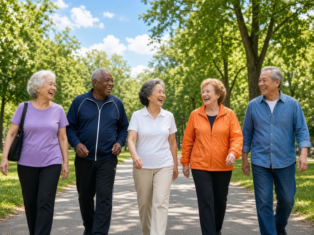 Five older friends in lavender, navy, white, orange and denim laugh as they walk together on a sunny tree-lined path