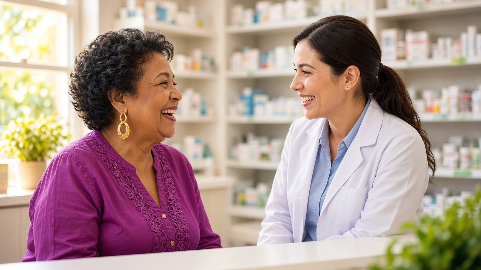 An older woman in a magenta blouse and gold earrings laughs with a pharmacist at a bright pharmacy counter