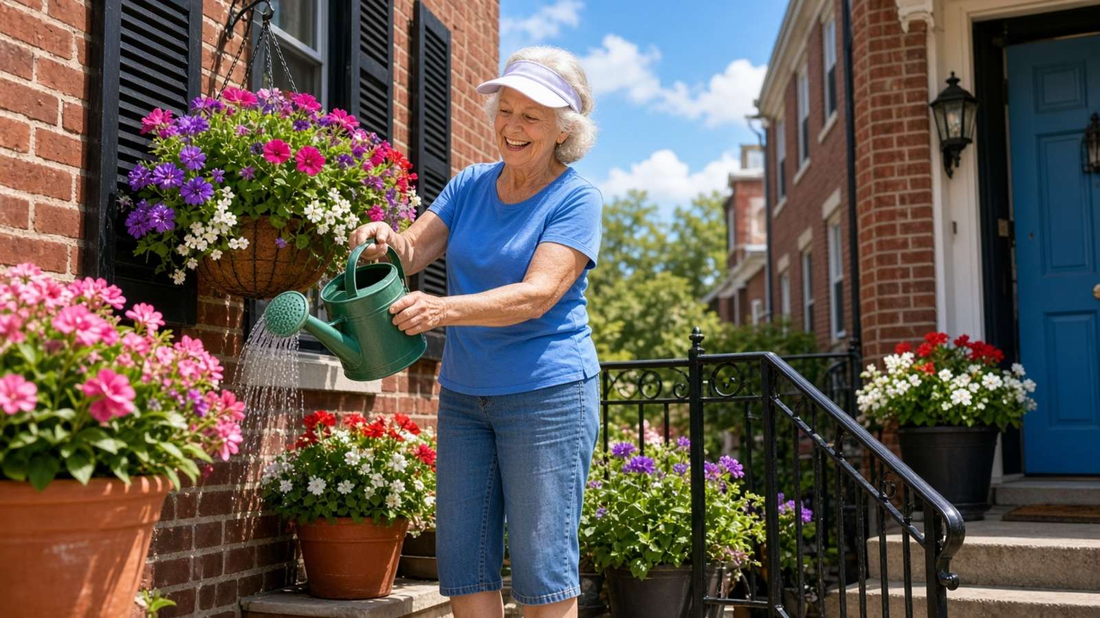 A smiling older woman in a blue t-shirt and visor waters bright flowers on the porch of a brick row house